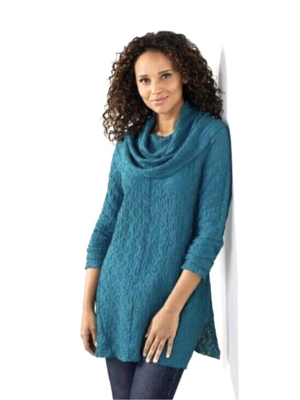 Soft Surroundings Rowan Tunic Long Sleeve Teal Crinkle Cowl Neck L Lagenlook